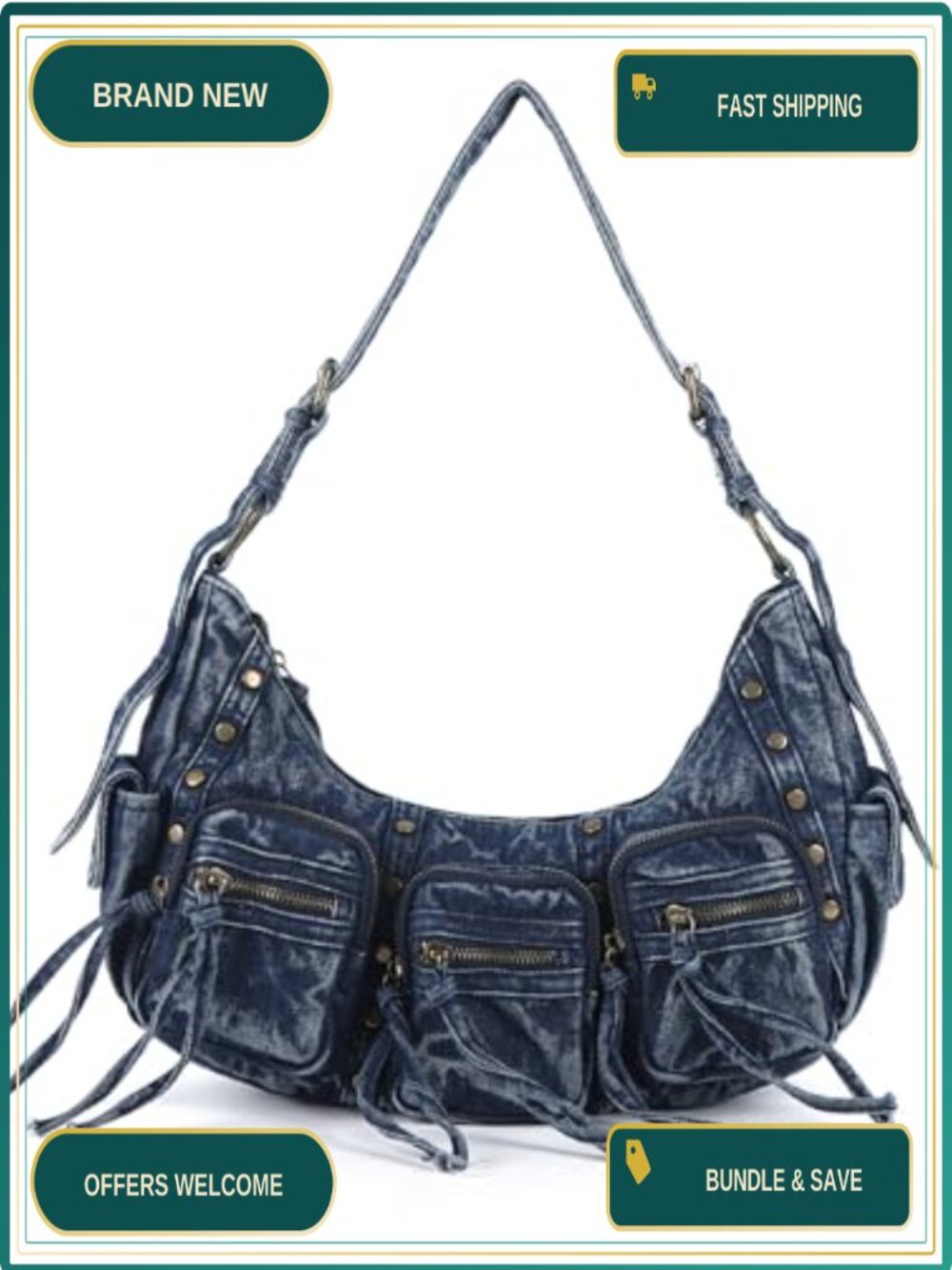 Vegan Leather Hobo Shoulder Bag Multi Pocket Studded Satchel Purse